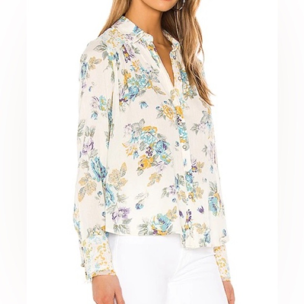 Free People Floral Blouse in Cream and Blue